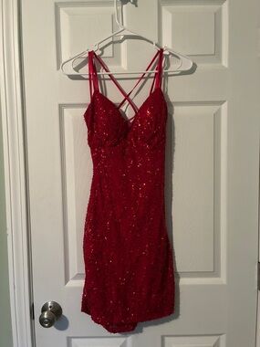 Windsor Red Sequin Mini Dress with Crisscross Straps and Sweetheart Neckline